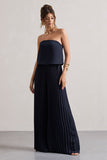 Tammi Navy Satin Strapless Plisse Wide-Leg Jumpsuit