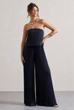 Tammi Navy Satin Strapless Plisse Wide-Leg Jumpsuit