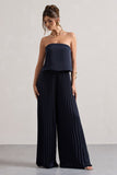 Tammi Navy Satin Strapless Plisse Wide-Leg Jumpsuit