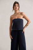 Tammi Navy Satin Strapless Plisse Wide-Leg Jumpsuit