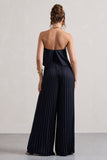 Tammi Navy Satin Strapless Plisse Wide-Leg Jumpsuit