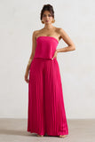 Tammi Dark Pink Satin Strapless Plisse Wide-Leg Jumpsuit