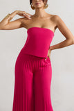 Tammi Dark Pink Satin Strapless Plisse Wide-Leg Jumpsuit