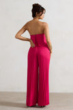 Tammi Dark Pink Satin Strapless Plisse Wide-Leg Jumpsuit