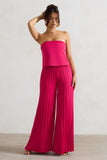 Tammi Dark Pink Satin Strapless Plisse Wide-Leg Jumpsuit