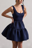 Alia Navy Scoop-Neck Tiered Volume Hem Mini Dress