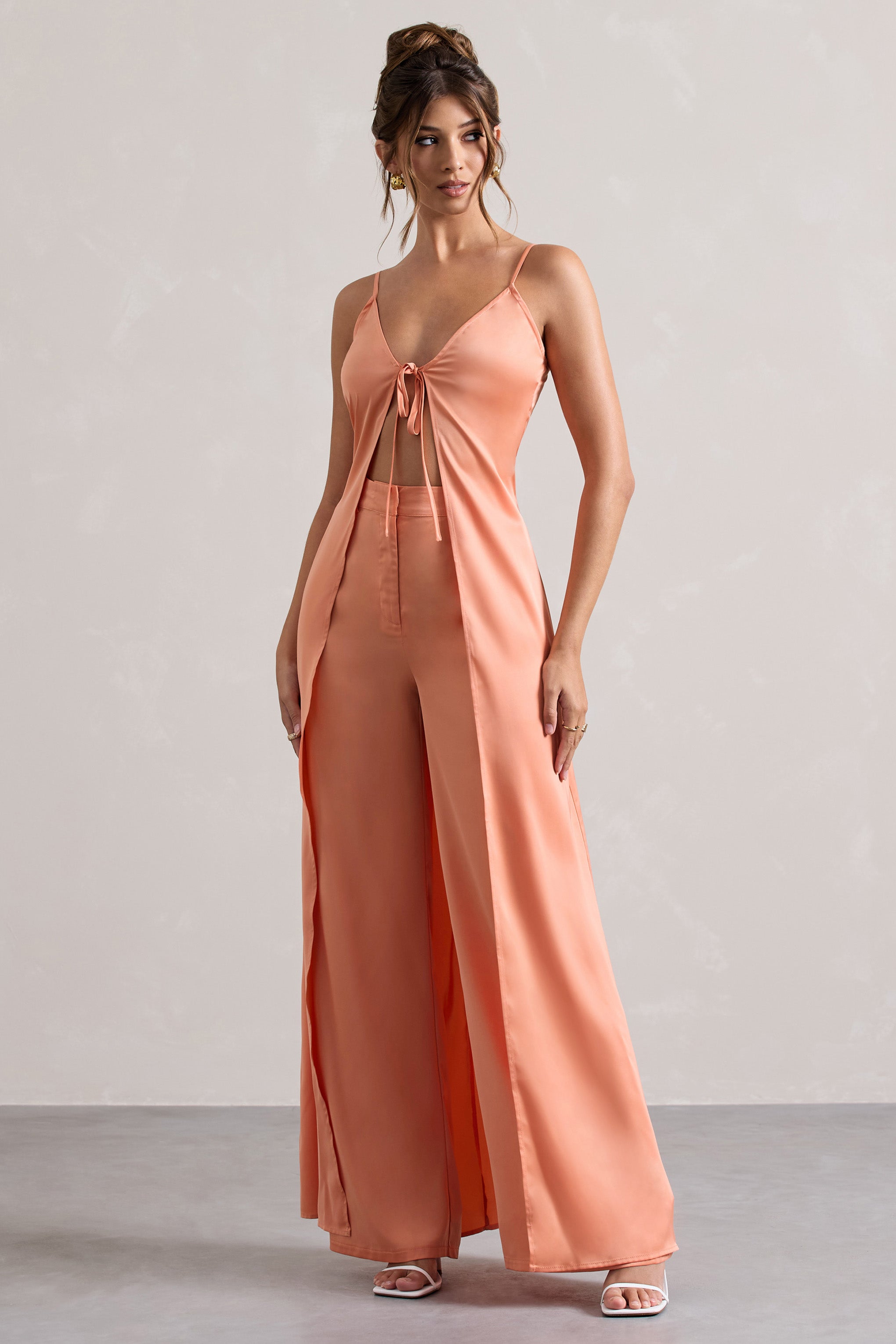 Your Way Peach Satin Wide-Leg Trousers