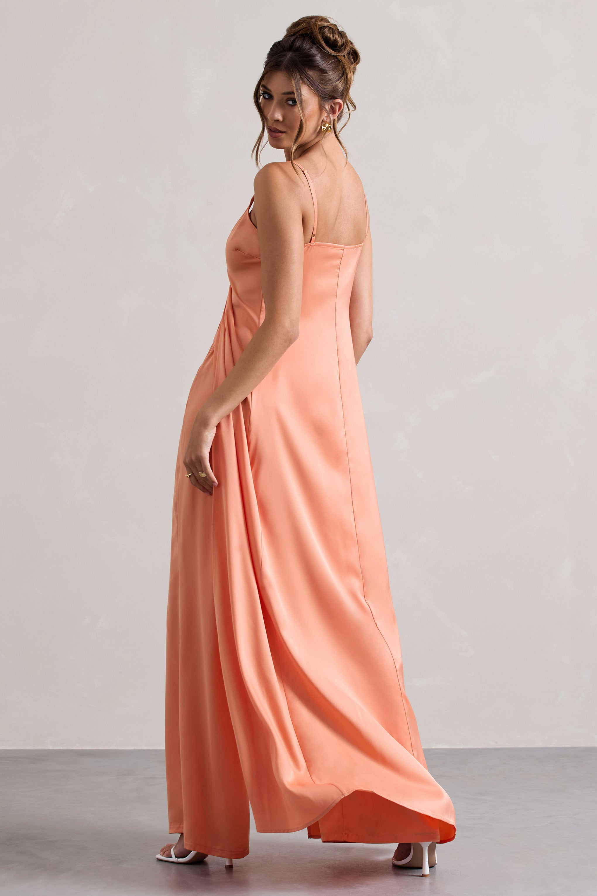 Calvi Peach Satin Longline Cami Top With Split Front
