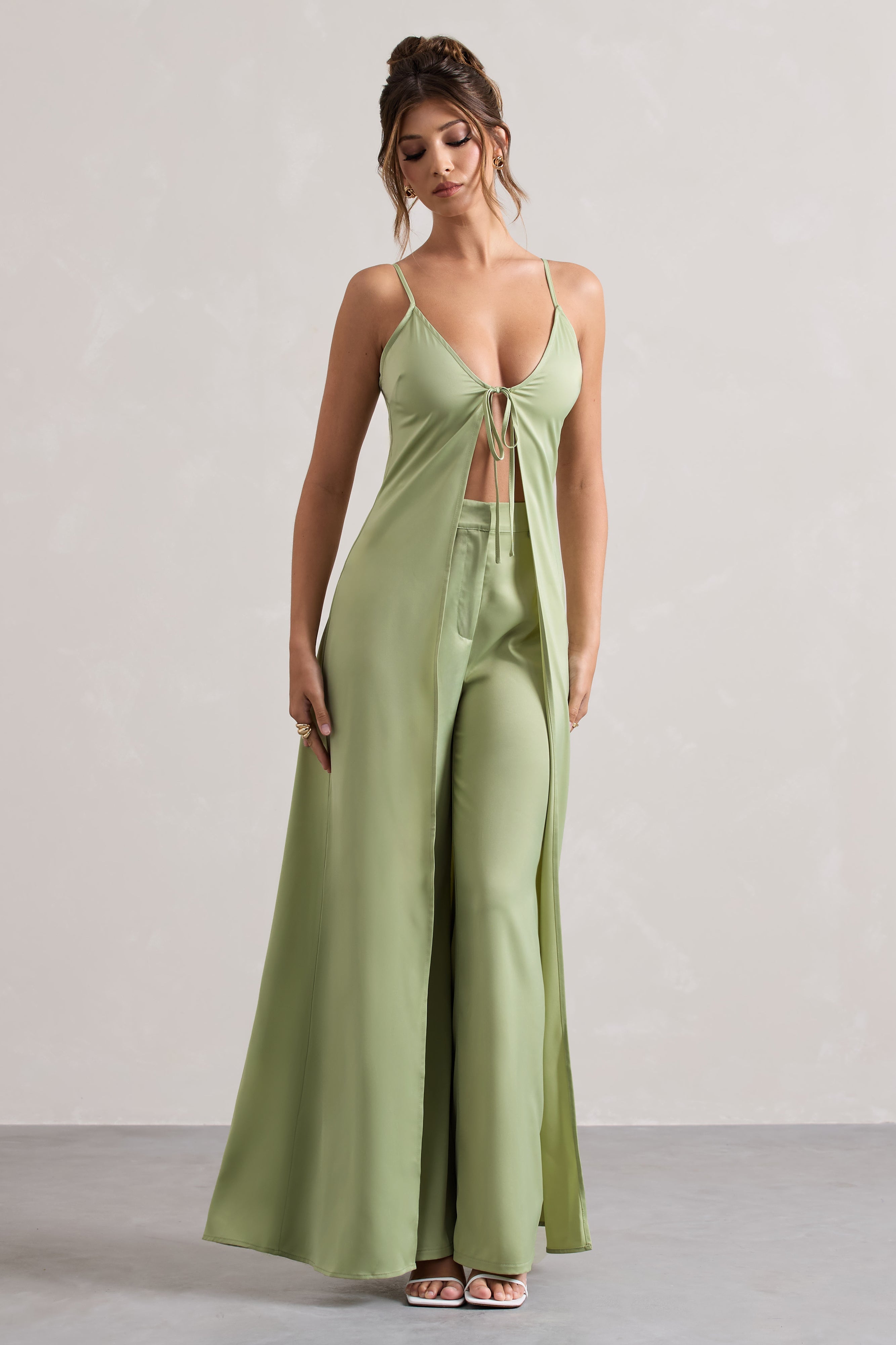 Calvi Pale Green Satin Longline Cami Top With Split Front