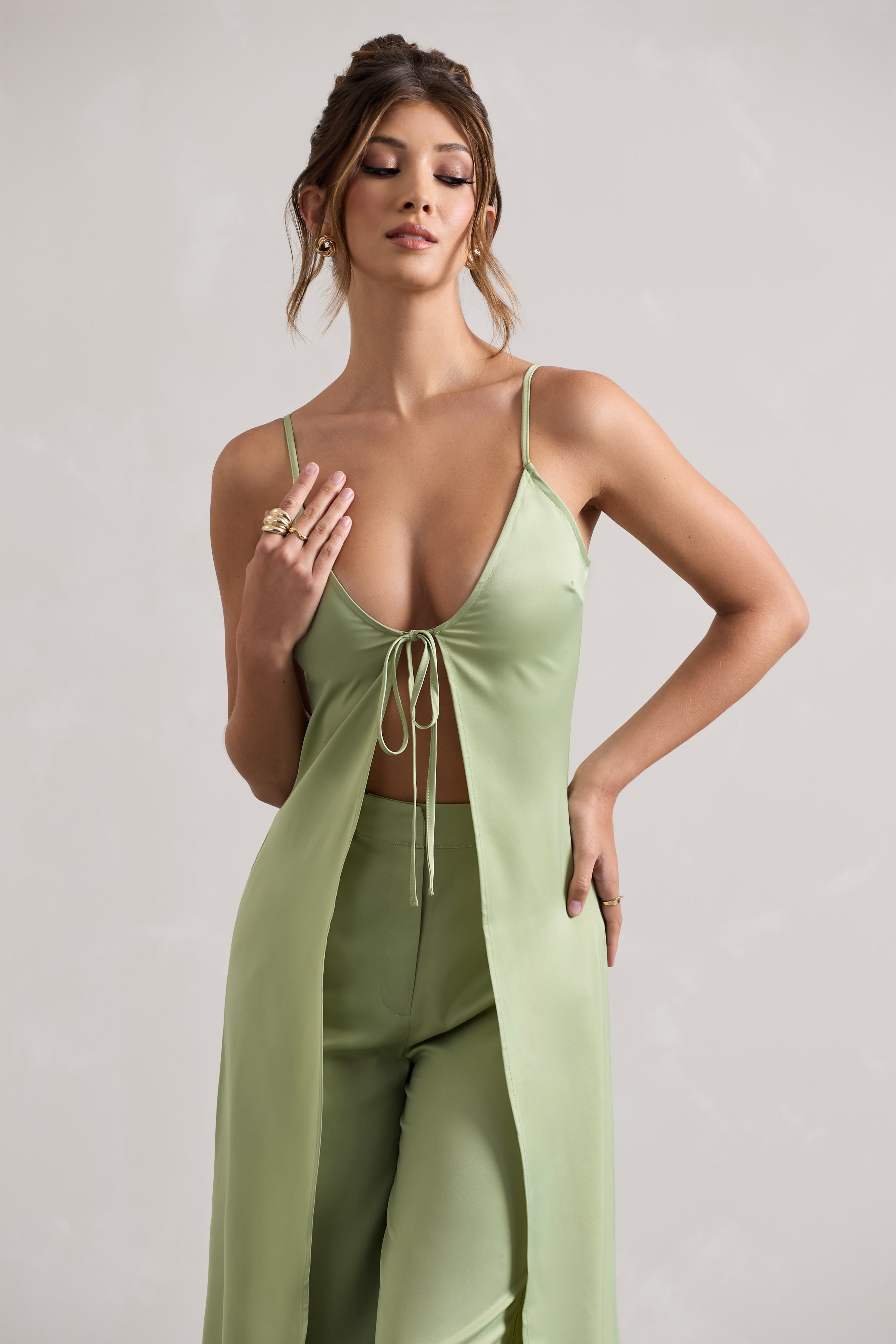 Calvi Pale Green Satin Longline Cami Top With Split Front