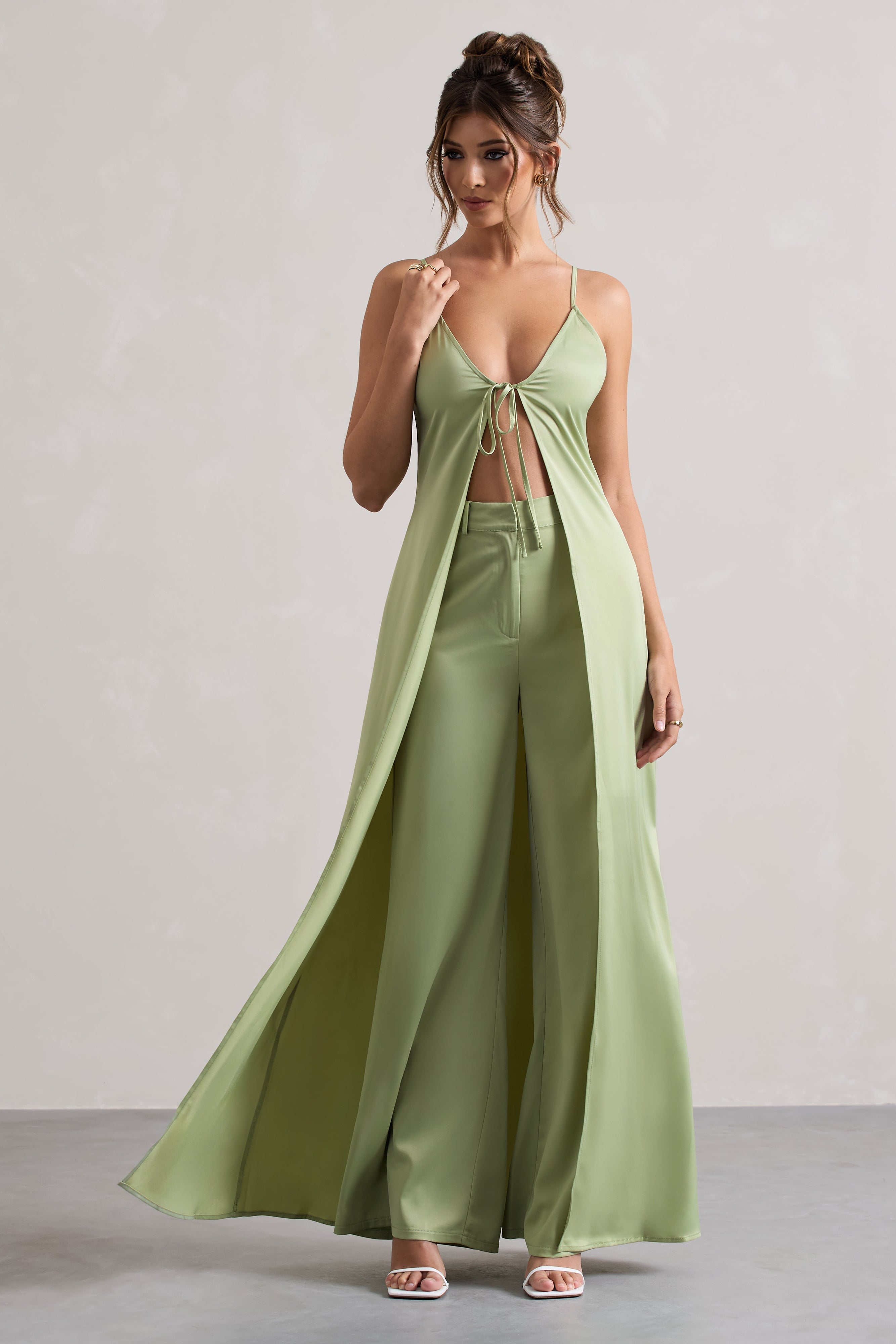 Your Way Pale Green Satin Wide-Leg Trousers