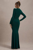 Leslie Bottle Green Long-Sleeve Twisted Split Maxi Dress
