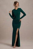 Leslie Bottle Green Long-Sleeve Twisted Split Maxi Dress