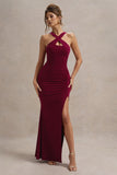 Jianna Wine Cross Over Halter-Neck Split Maxi Dress