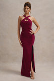 Jianna Wine Cross Over Halter-Neck Split Maxi Dress