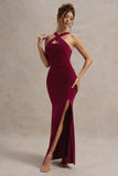 Jianna Wine Cross Over Halter-Neck Split Maxi Dress
