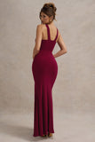 Jianna Wine Cross Over Halter-Neck Split Maxi Dress