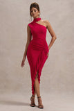 Nevaeh Red Asymmetric High-Neck Ruffle Split Maxi Dress