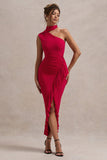 Nevaeh Red Asymmetric High-Neck Ruffle Split Maxi Dress