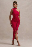 Nevaeh Red Asymmetric High-Neck Ruffle Split Maxi Dress
