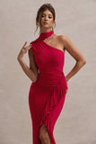 Nevaeh Red Asymmetric High-Neck Ruffle Split Maxi Dress