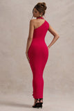 Nevaeh Red Asymmetric High-Neck Ruffle Split Maxi Dress