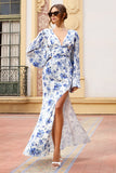 Casarile Blue Floral Print V-Neck Balloon Sleeve Maxi Dress