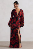 Casarile Red Floral Print V-Neck Balloon Sleeve Maxi Dress