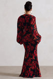 Casarile Red Floral Print V-Neck Balloon Sleeve Maxi Dress