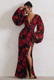Casarile Red Floral Print V-Neck Balloon Sleeve Maxi Dress