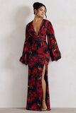 Casarile Red Floral Print V-Neck Balloon Sleeve Maxi Dress