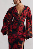 Casarile Red Floral Print V-Neck Balloon Sleeve Maxi Dress