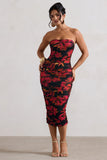 Inara Red Floral Print Strapless Ruched Midi Dress