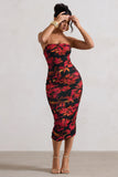 Inara Red Floral Print Strapless Ruched Midi Dress