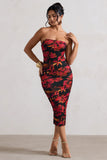 Inara Red Floral Print Strapless Ruched Midi Dress