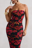 Inara Red Floral Print Strapless Ruched Midi Dress
