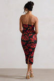 Inara Red Floral Print Strapless Ruched Midi Dress