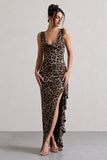 Kaida Leopard Print Cowl-Neck Ruffled Split Maxi Dress