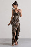 Kaida Leopard Print Cowl-Neck Ruffled Split Maxi Dress