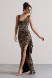 Kaida Leopard Print Cowl-Neck Ruffled Split Maxi Dress