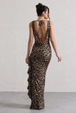 Kaida Leopard Print Cowl-Neck Ruffled Split Maxi Dress