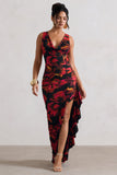 Kaida Red Floral Print Cowl-Neck Ruffled Split Maxi Dress