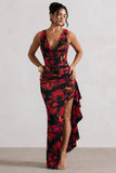 Kaida Red Floral Print Cowl-Neck Ruffled Split Maxi Dress