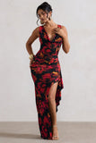 Kaida Red Floral Print Cowl-Neck Ruffled Split Maxi Dress