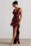 Kaida Red Floral Print Cowl-Neck Ruffled Split Maxi Dress