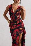 Kaida Red Floral Print Cowl-Neck Ruffled Split Maxi Dress