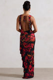 Kaida Red Floral Print Cowl-Neck Ruffled Split Maxi Dress