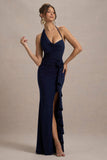 Lucena Navy Cowl-Neck Wrap Maxi Dress With Floral Drape