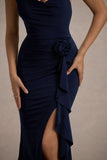 Lucena Navy Cowl-Neck Wrap Maxi Dress With Floral Drape