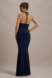 Lucena Navy Cowl-Neck Wrap Maxi Dress With Floral Drape